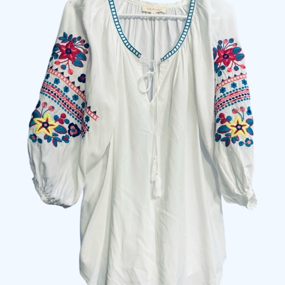 Solitaire Embroidered floral  Blouse Boho peasant Cottagecore Puff Sleeves Sz L